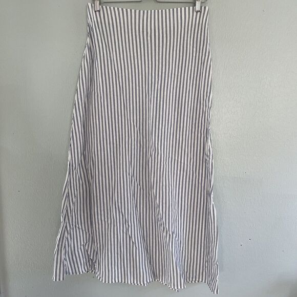 Linen Rayon Blend Pinstrip Maxi Skirt Navy White Pull On Medium - Picture 1 of 4